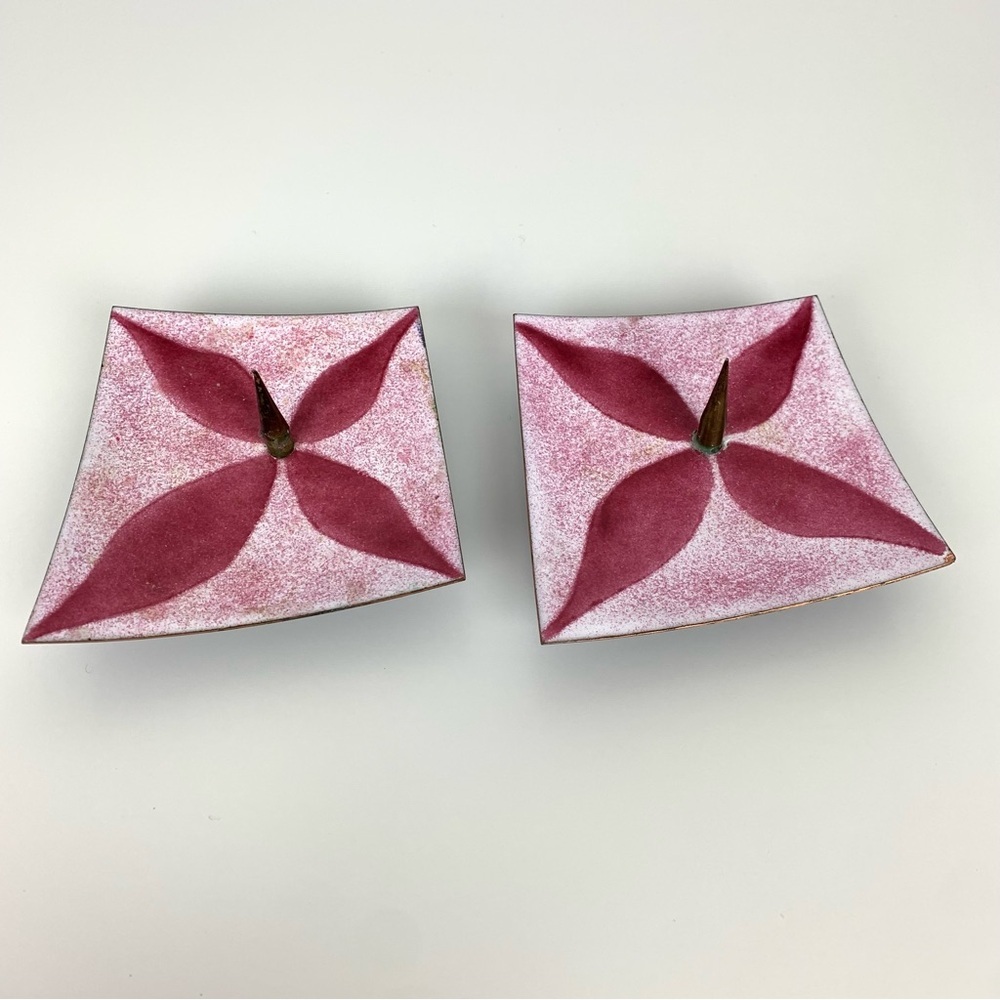 Pair Signed Candle Holder Enamel On Copper Pink Floral Vtg Geometric MCM Petals